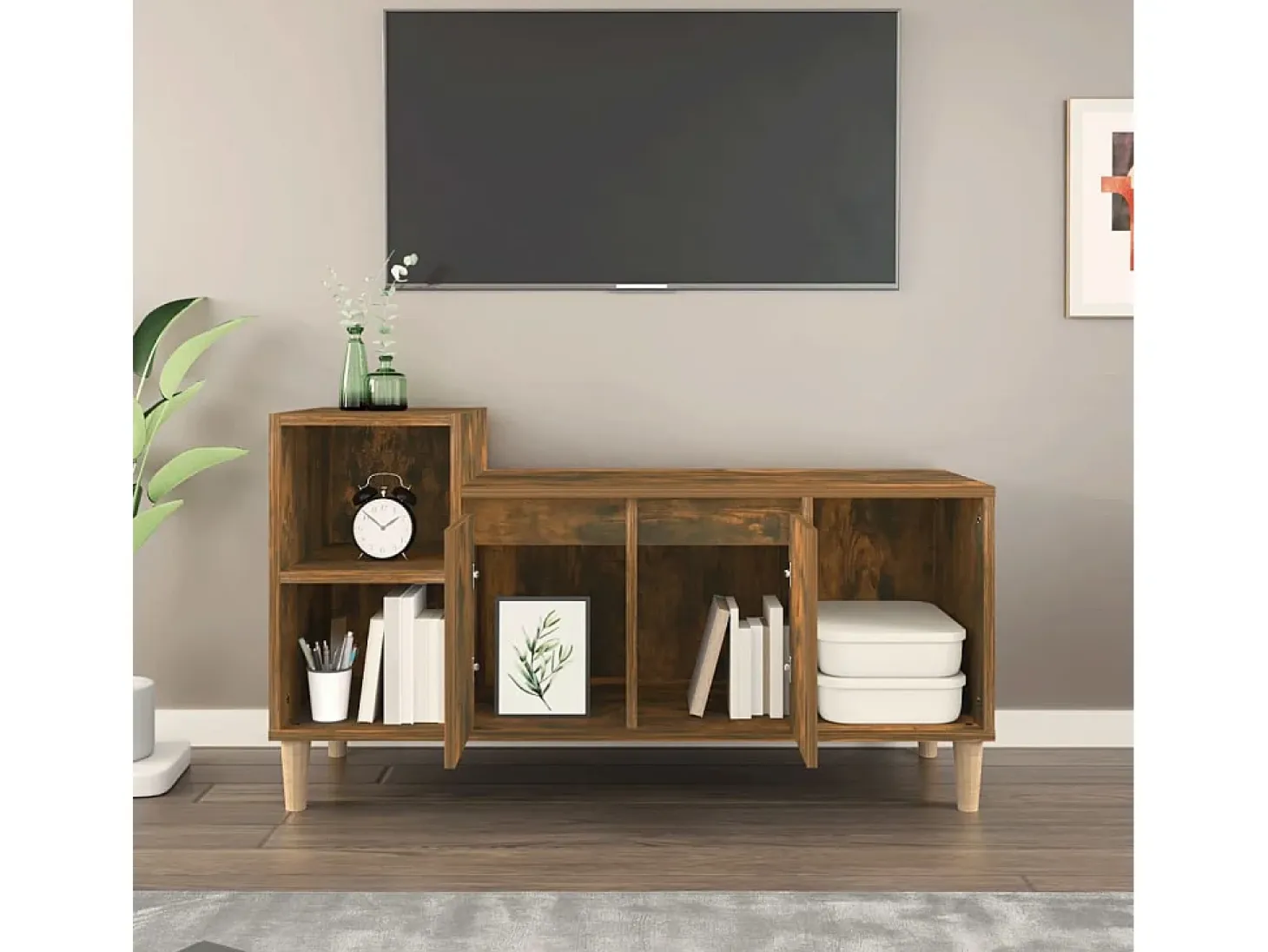 Ibtihal Mueble para TV madera contrachapada roble ahumado 100x35x55 cm