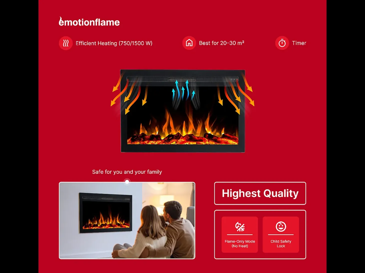Insert eléctrico INFINITY para chimenea eléctrica - fuego premium - empotrada - 71x14x50 cm - chimenea LED con calefacción 750/1500 W