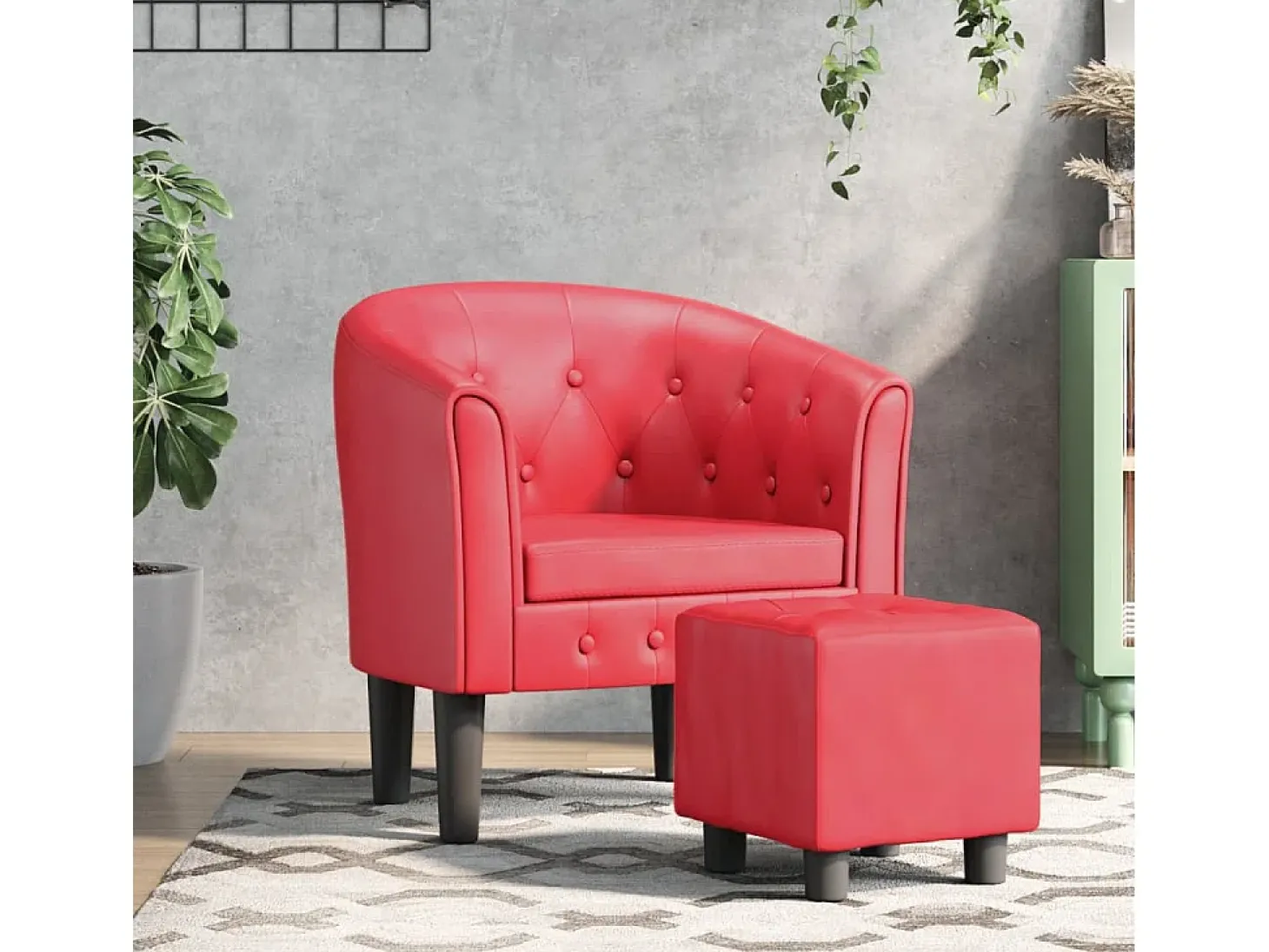 Jalkar Sillón con taburete cuero sintético rojo