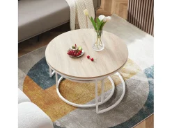 Juego de 2 Mesas Auxiliares Nido Redondas de Estilo Escandinavo en Roble - 80x45 cm y 60x35 cm - Diseño Apilable con Estructura de Acero