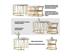Juego de 2 mesas de centro redondas de mármol - Chapa moderna - Mesa auxiliar - Mesa de centro para sala de estar, sala de recepción, balcón y oficina - Dorado