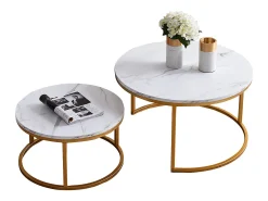 Juego de 2 mesas de centro nido modernas de mármol blanco y metal dorado para sala de estar y dormitorio.