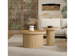 Juego de 2 mesas de centro nido redondas 66x66x40/40x40x46cm, MDF, superficie chapada en madera natural clara