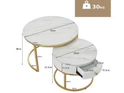 Juego de 2 mesas nido con cajón - chapa de mármol - aspecto brillante - Blanco