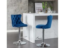Juego de 2 taburetes de bar giratorios en terciopelo - Altura regulable de 63,5 a 84 cm - Azul y plata