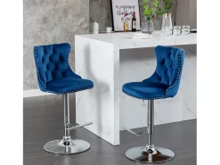 Juego de 2 taburetes de bar giratorios en terciopelo - Altura regulable de 63,5 a 84 cm - Azul y plata