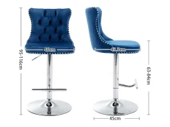 Juego de 2 taburetes de bar giratorios en terciopelo - Altura regulable de 63,5 a 84 cm - Azul y plata