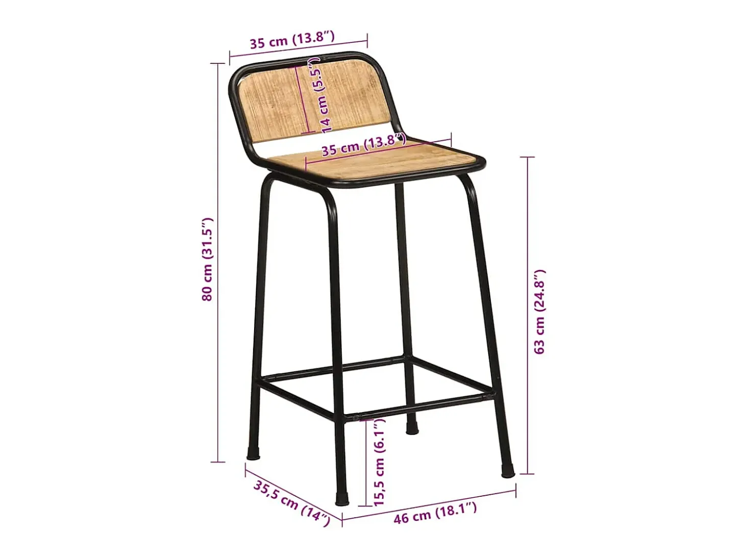 Juego de 4 taburetes de bar de madera maciza de mango en bruto