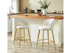 Juego de 2 taburetes de bar de tela beige - Respaldo calado y estructura de metal dorado