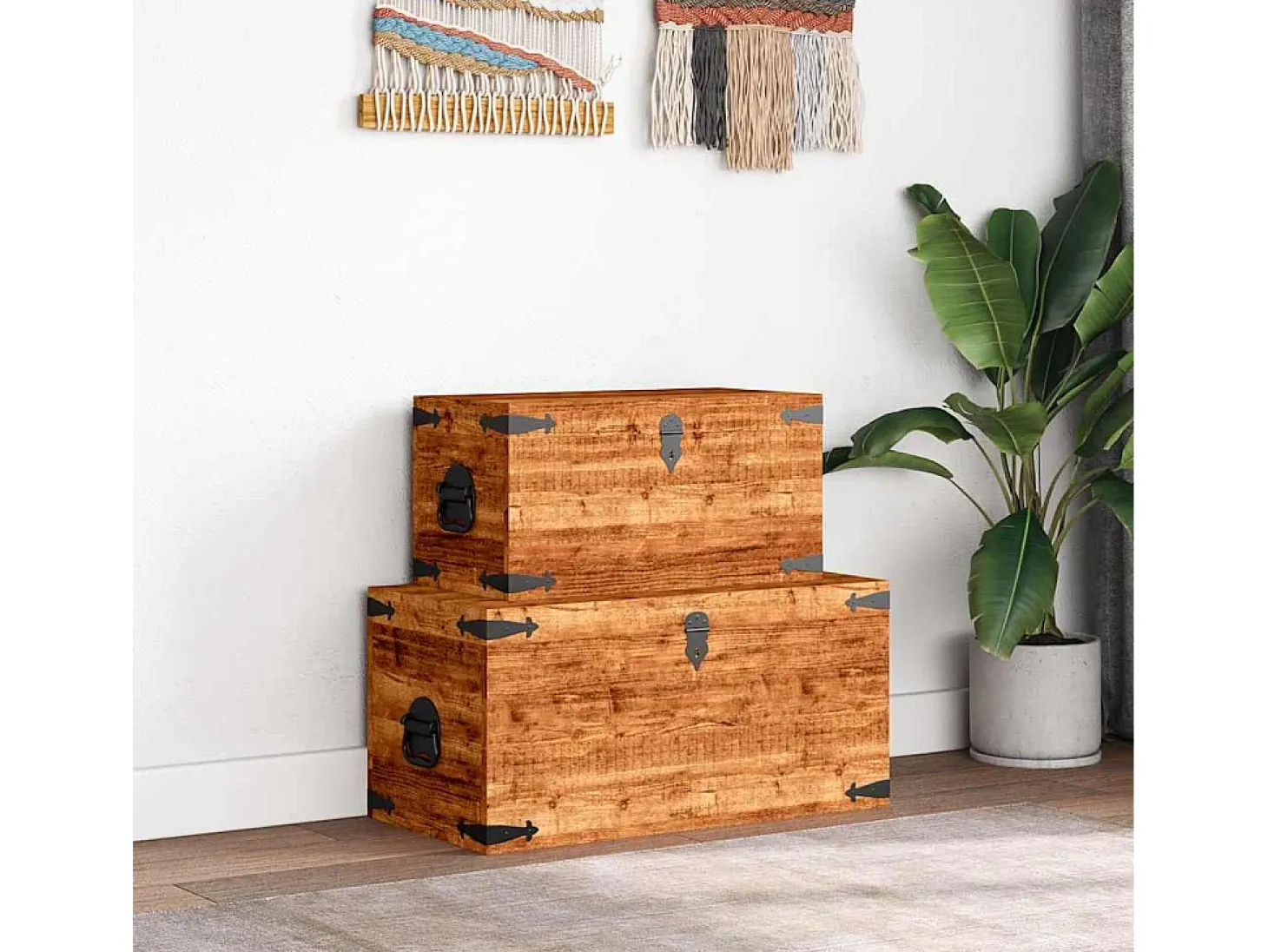 Juego de cofres de almacenamiento 2 uds madera de mango rugosa
