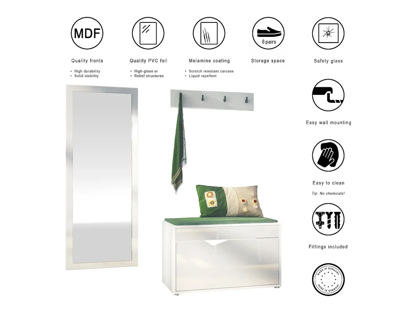 Juego de Guardarropa Hanko: Incluye 1 Banco para Zapatos, 1 Perchero y 1 Espejo de Pared, blanco mate/burdeos de alto brillo