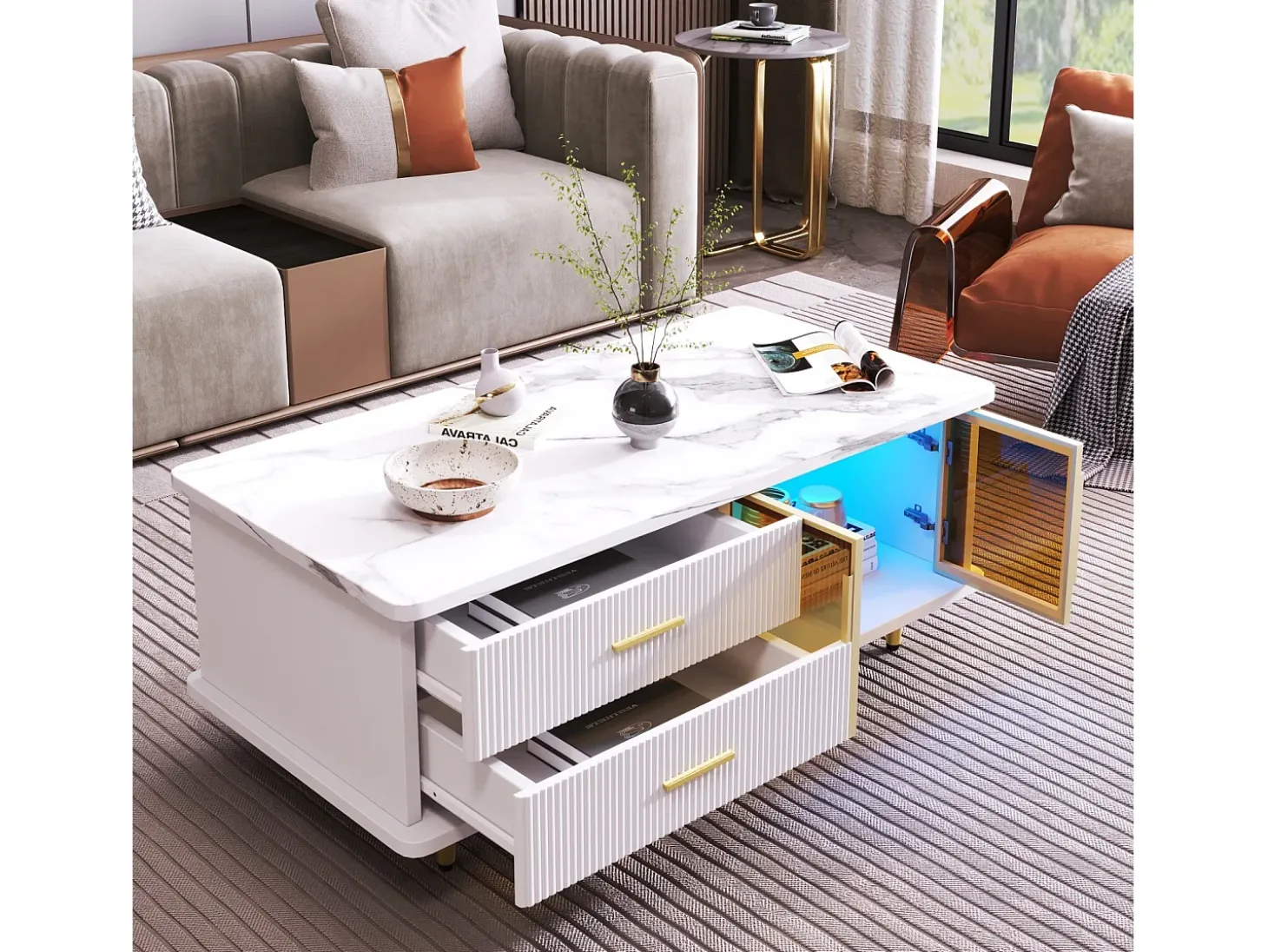 Juego de mesa + muebles de TV con LED 4 cajones y 1 nichos, bandeja de mesa con estructura de mármol