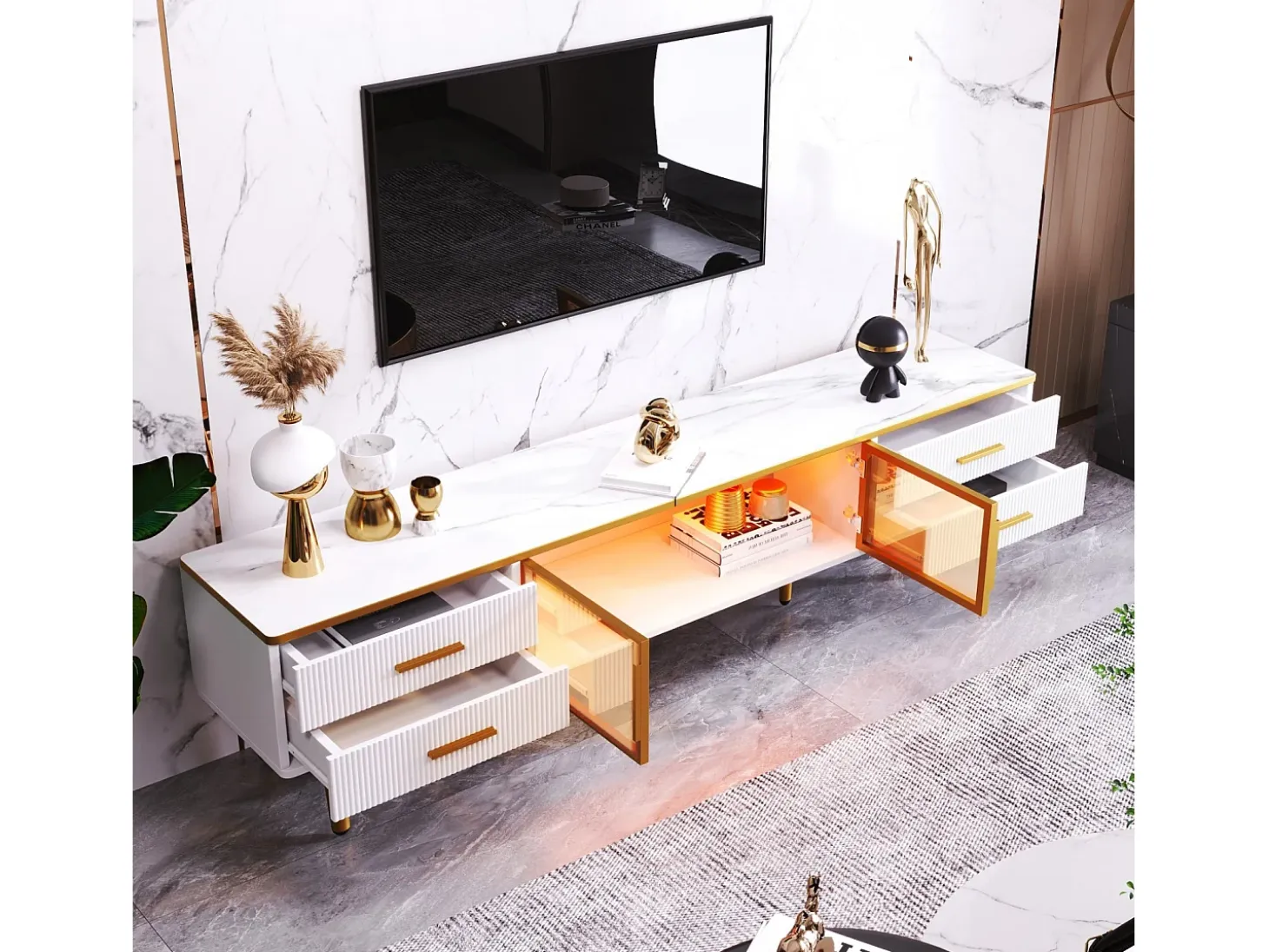 Juego de mesa + muebles de TV con LED 4 cajones y 1 nichos, bandeja de mesa con estructura de mármol