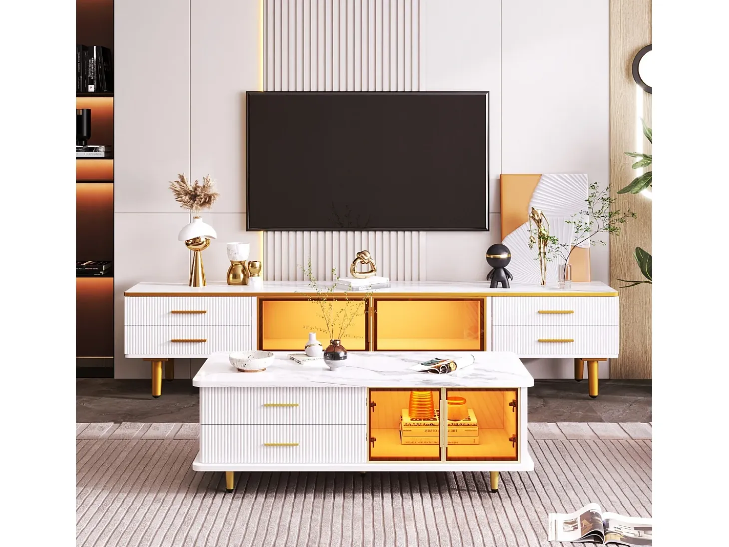 Juego de mesa + muebles de TV con LED 4 cajones y 1 nichos, bandeja de mesa con estructura de mármol