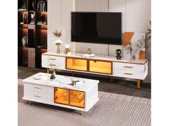 Juego de mesa + muebles de TV con LED 4 cajones y 1 nichos, bandeja de mesa con estructura de mármol