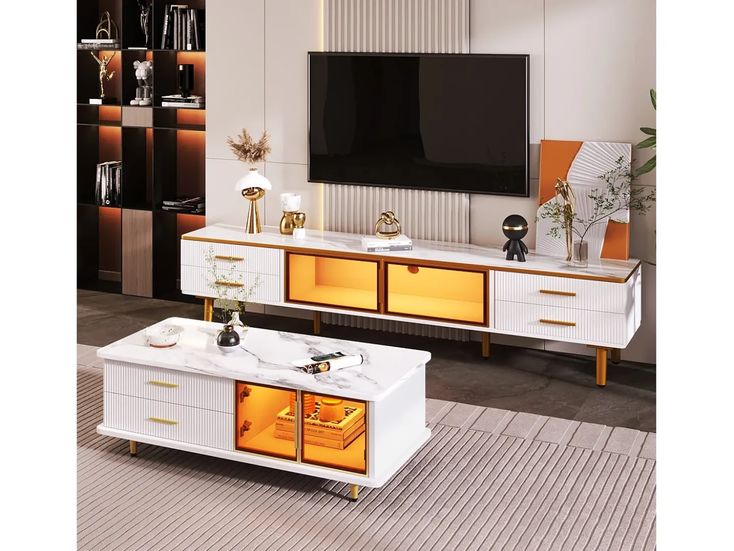 Juego de mesa + muebles de TV con LED 4 cajones y 1 nichos, bandeja de mesa con estructura de mármol