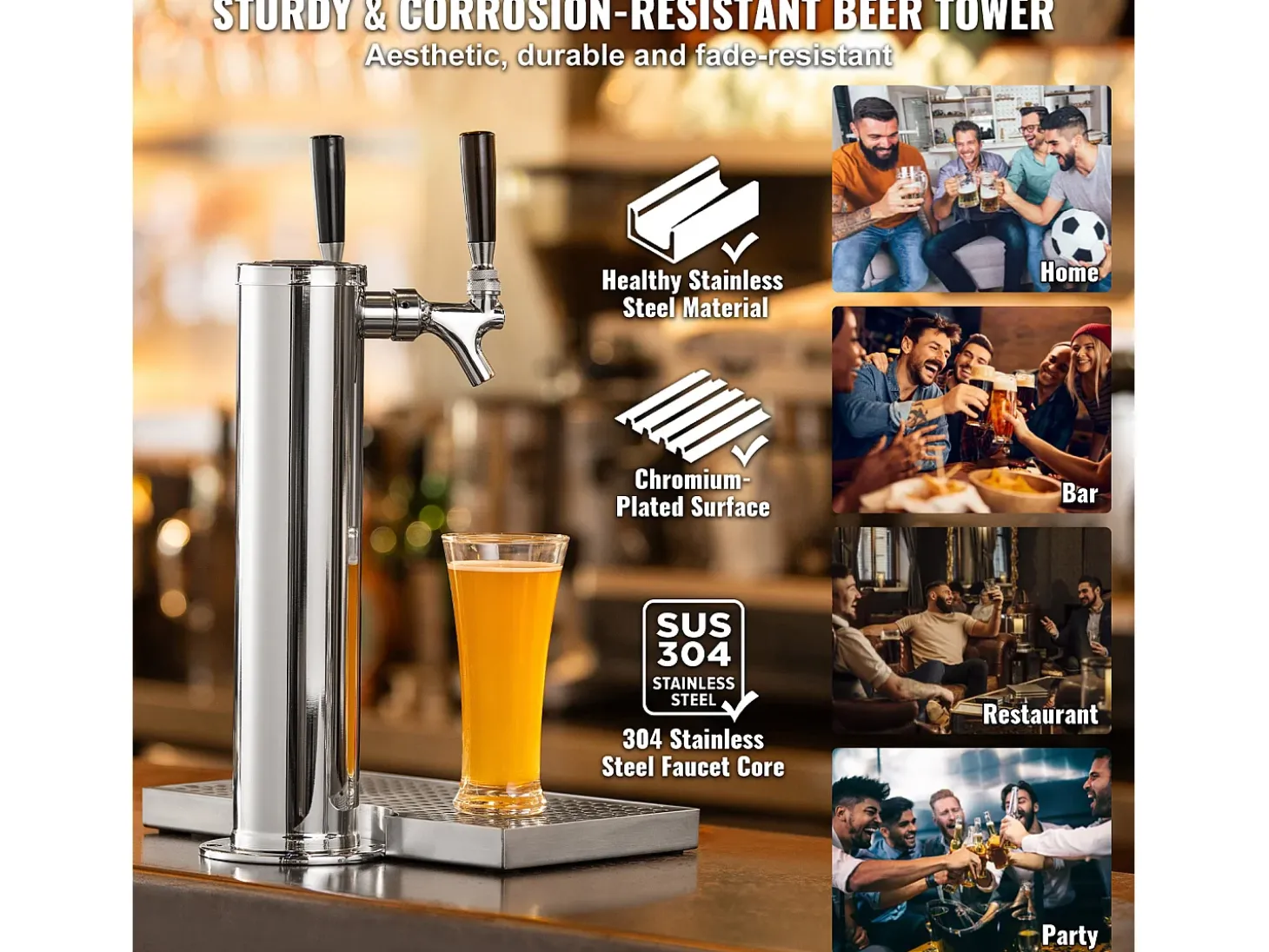 Kit de Columna de Cerveza SucceBuy, Kit de Columna de Cerveza con Doble Grifo, Distribuidor de Cerveza y Bebidas de Acero Inoxidable, para Bar Restaurante