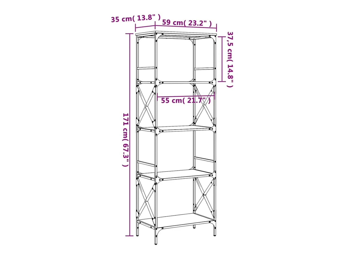 Librería 5 estantes madera ingeniería roble ahumado 59x35x171cm