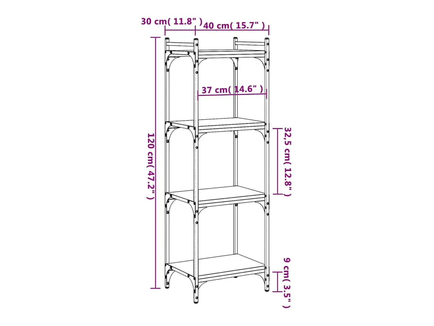 Librería 4 estantes madera ingeniería roble ahumado 40x30x120cm