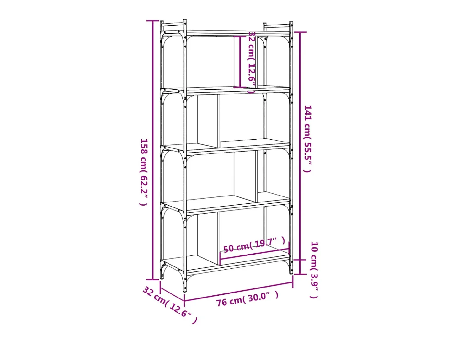Librería 5 estantes madera ingeniería roble ahumado 76x32x158cm