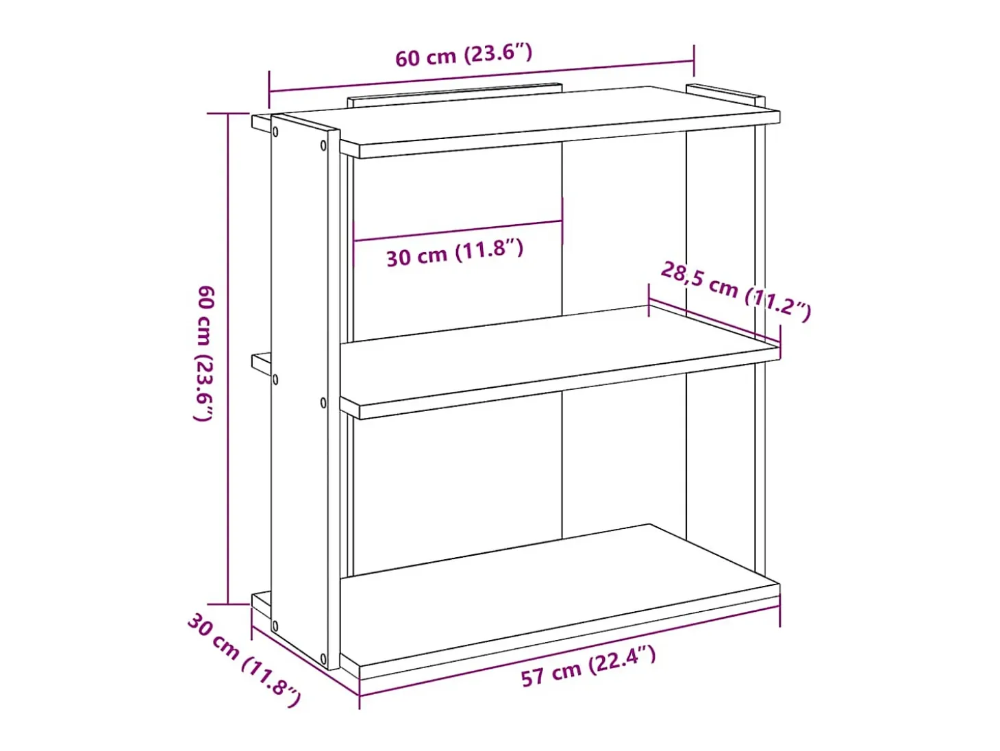 Librería 3 niveles madera ingeniería roble artesanal 60x30x60cm