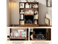 Librería color nogal con puerta corredera, pizarra y 9 estantes abiertos, MDF