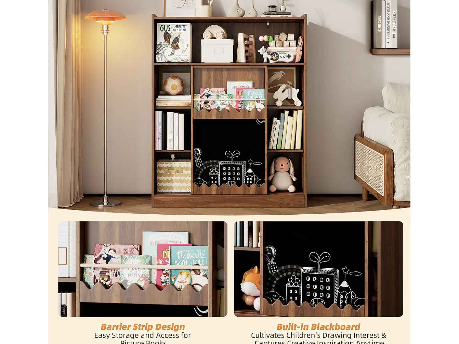 Librería color nogal con puerta corredera, pizarra y 9 estantes abiertos, MDF
