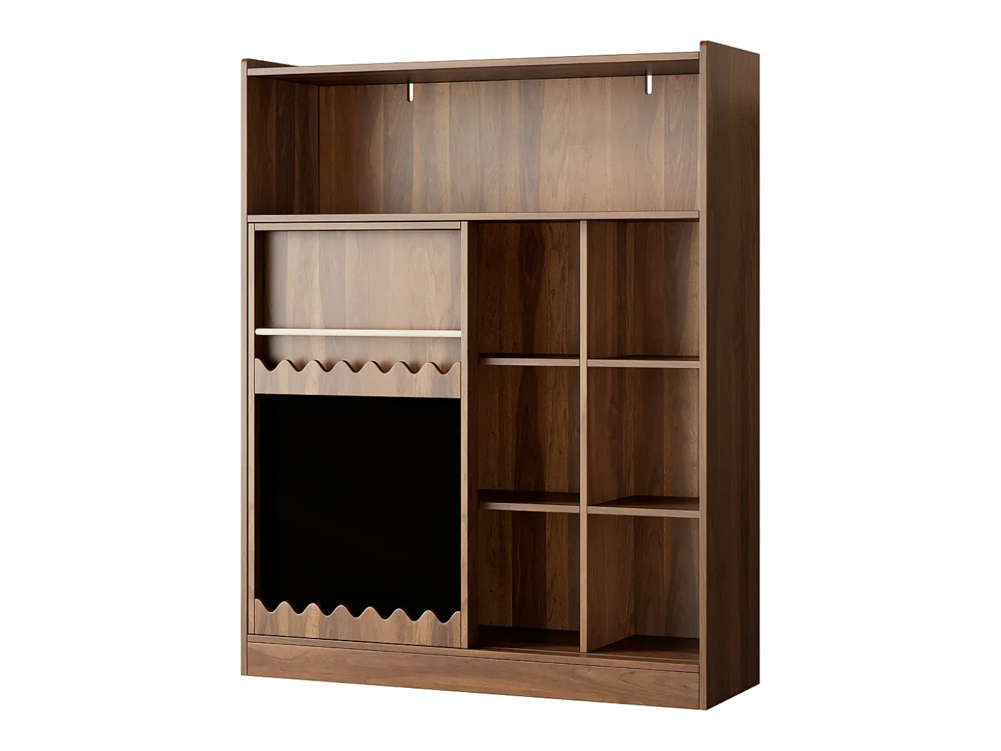 Librería color nogal con puerta corredera, pizarra y 9 estantes abiertos, MDF
