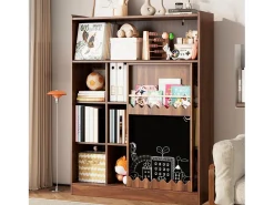 Librería color nogal con puerta corredera, pizarra y 9 estantes abiertos, MDF