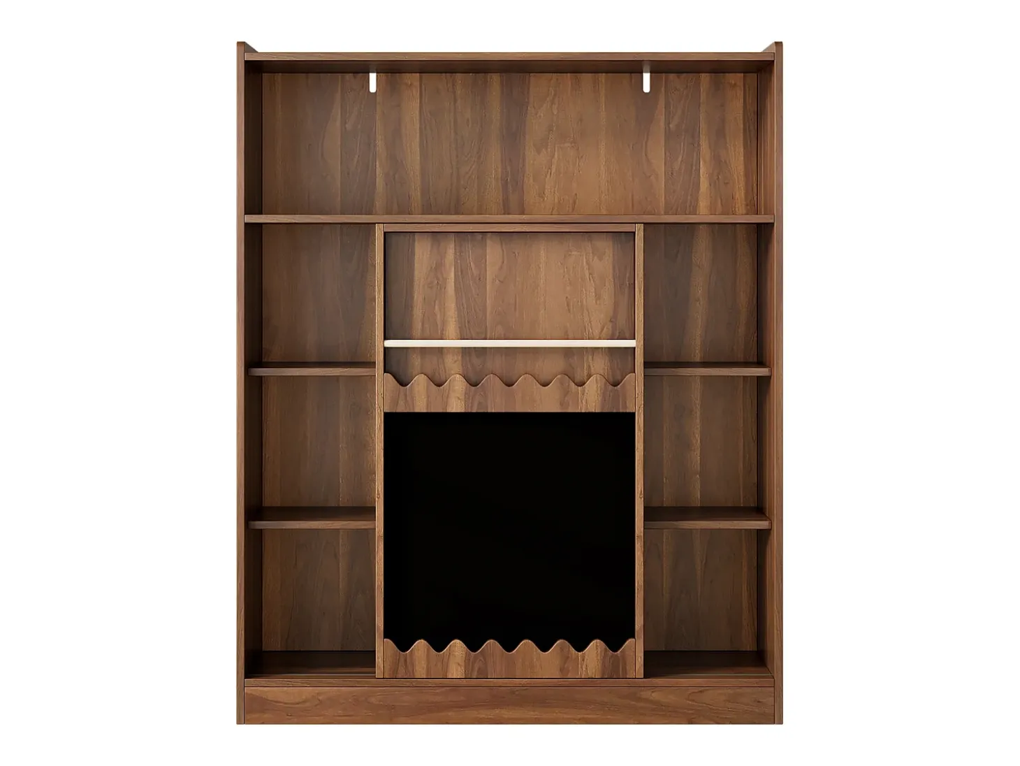 Librería color nogal con puerta corredera, pizarra y 9 estantes abiertos, MDF