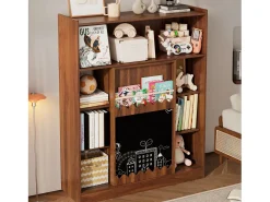 Librería color nogal con puerta corredera, pizarra y 9 estantes abiertos, MDF