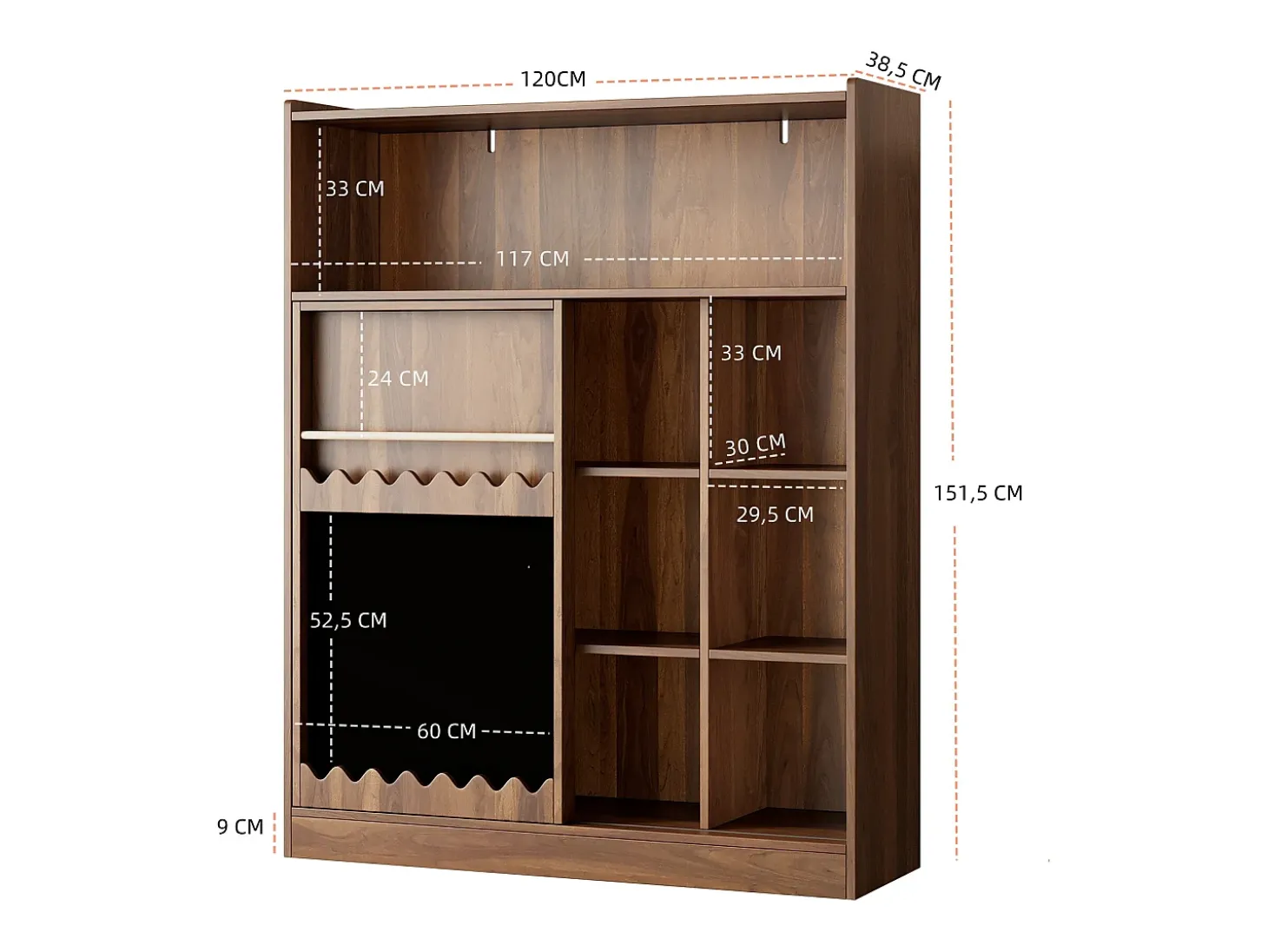 Librería color nogal con puerta corredera, pizarra y 9 estantes abiertos, MDF