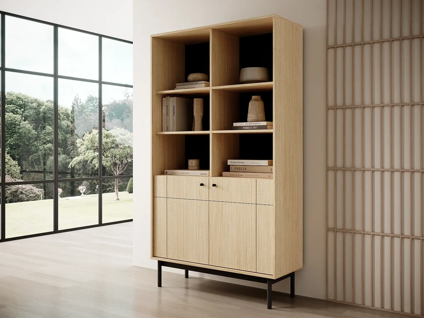 Librería: Color Roble Linea, patas negras, 103,5 x 184,6 x 39 cm