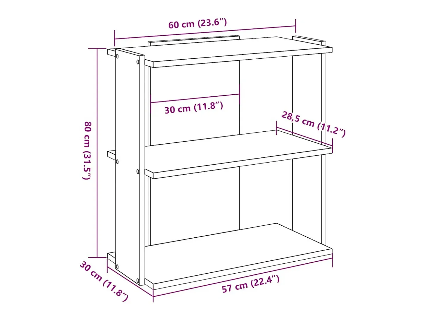 Librería de 3 estantes madera de ingeniería negro 60x30x80 cm