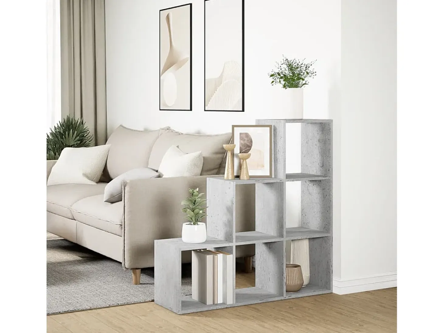 Librería divisor 3 niveles madera gris hormigón 99x29x99 cm
