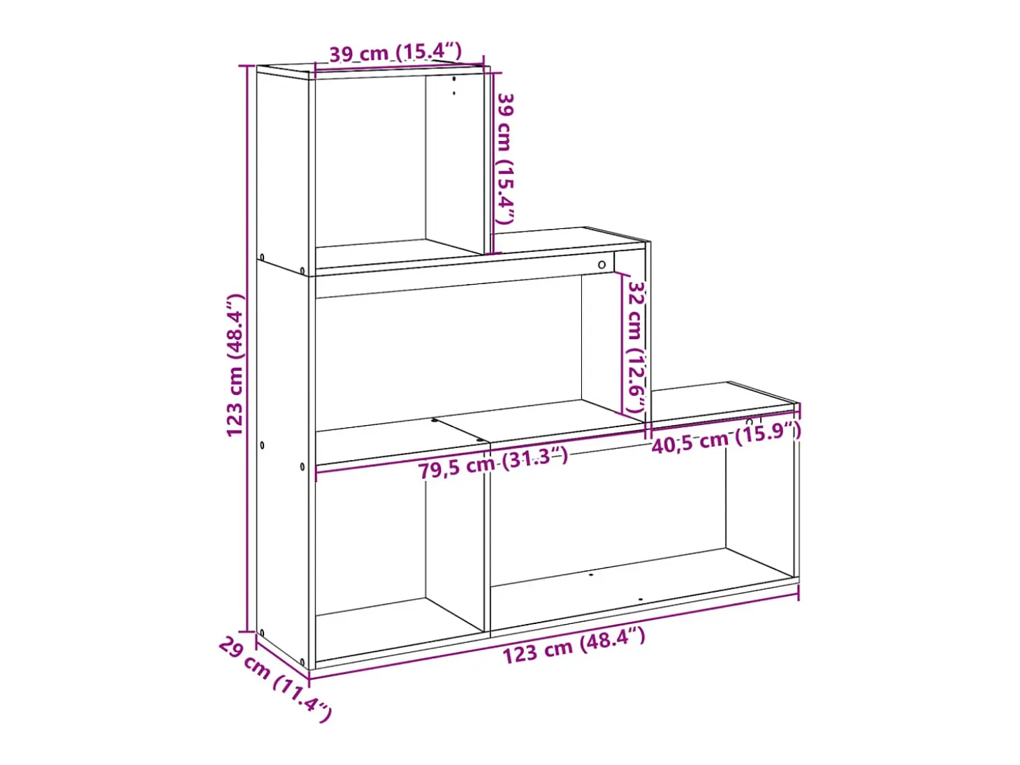 Librería divisora 3 niveles madera gris hormigón 123x29x123 cm
