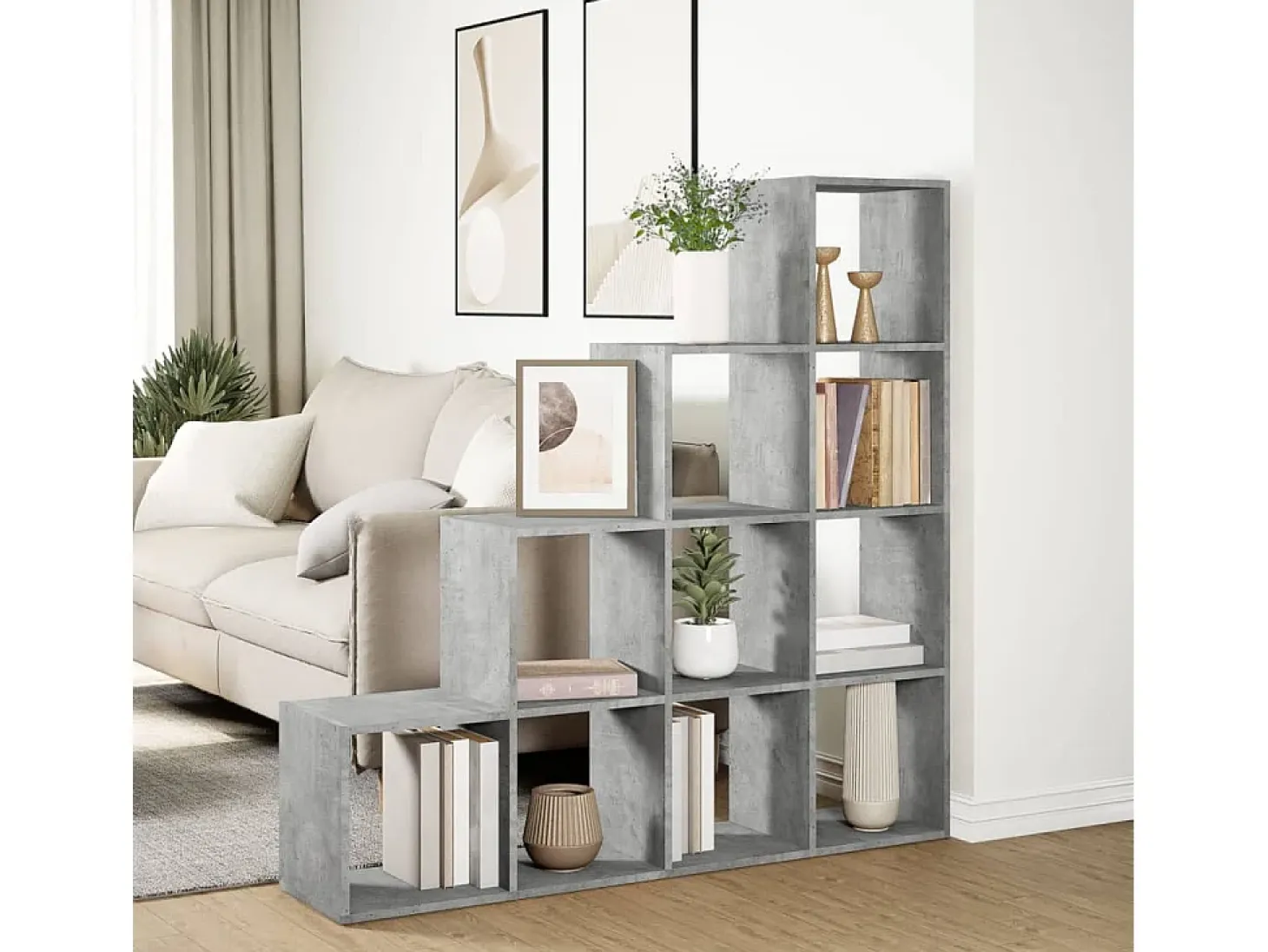 Librería divisora 4 niveles madera gris 131,5x29x131,5 cm