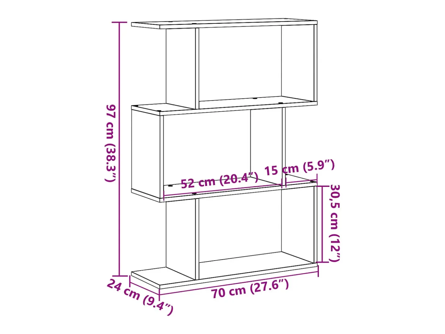 Librería divisora 3 niveles madera envejecida 70x24x97 cm