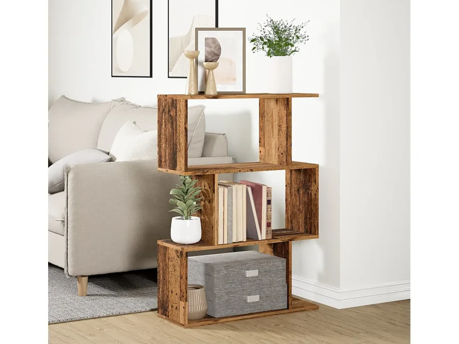 Librería divisora 3 niveles madera envejecida 70x24x97 cm