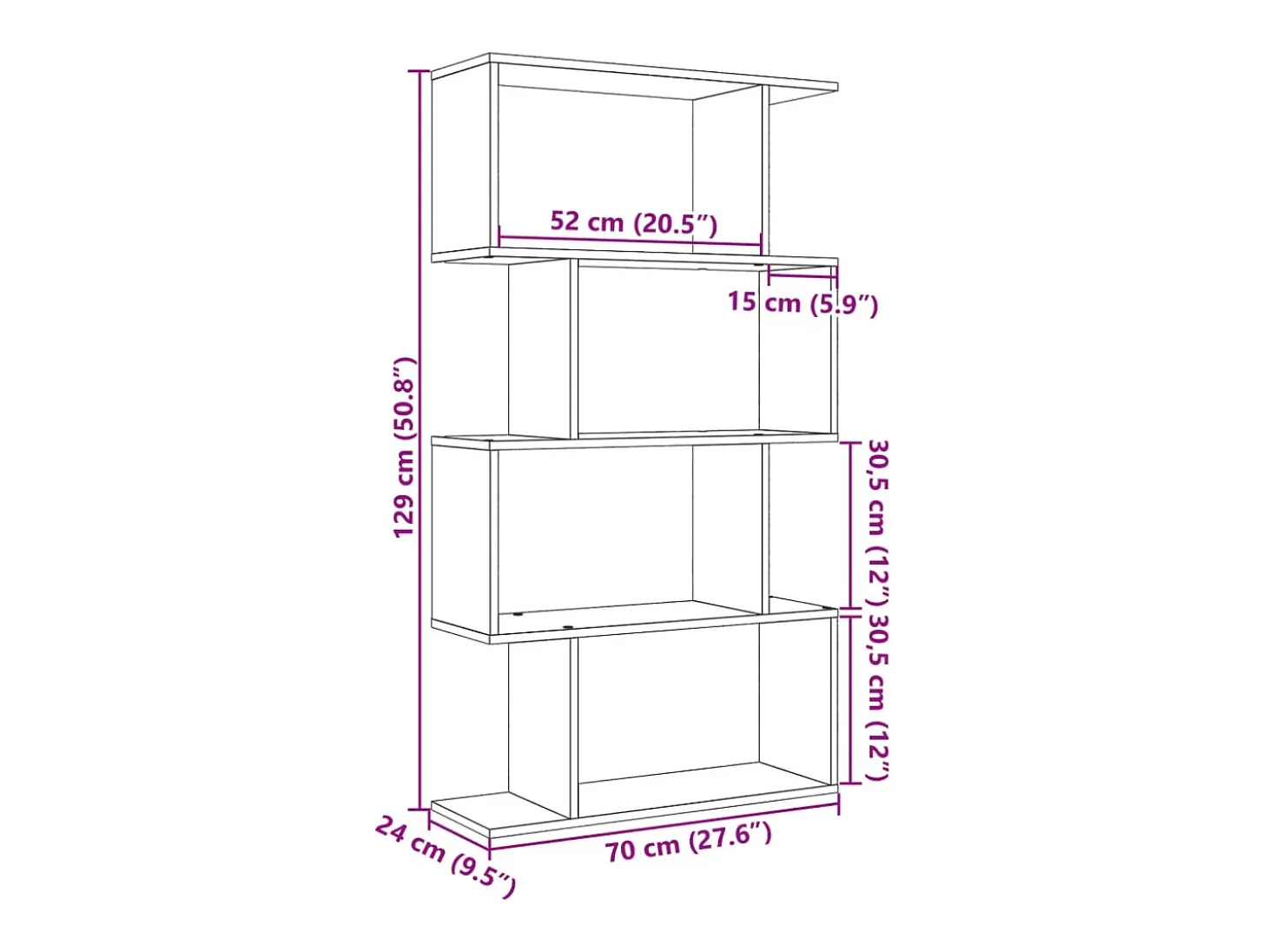 Librería divisora 4 niveles madera envejecida 70x24x129 cm