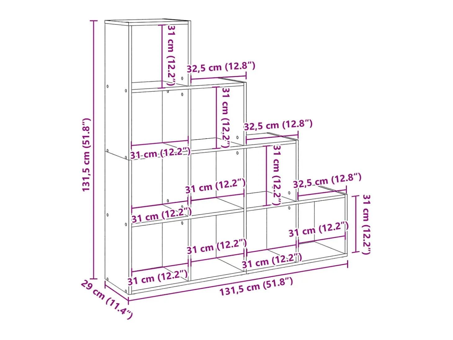 Librería divisora 4 niveles roble ahumado 131,5x29x131,5 cm