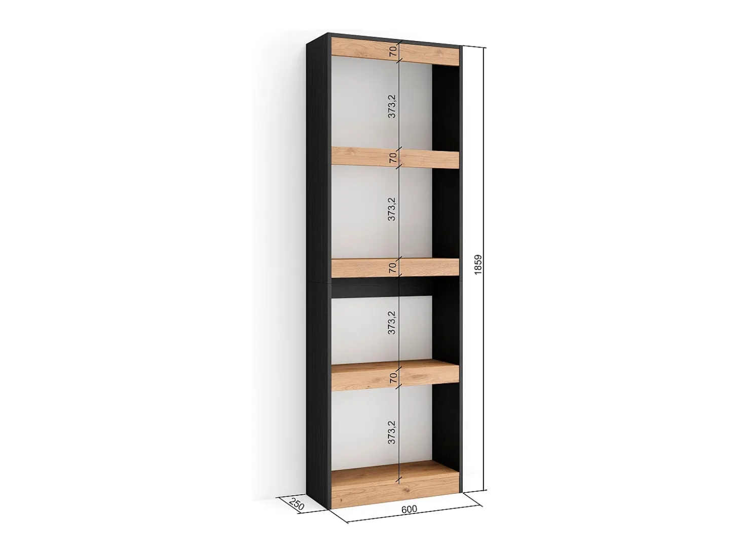 Librería estantería, 60x25x186cm, Salón - Comedor - Oficina, Con Almacenaje, Roble y negro