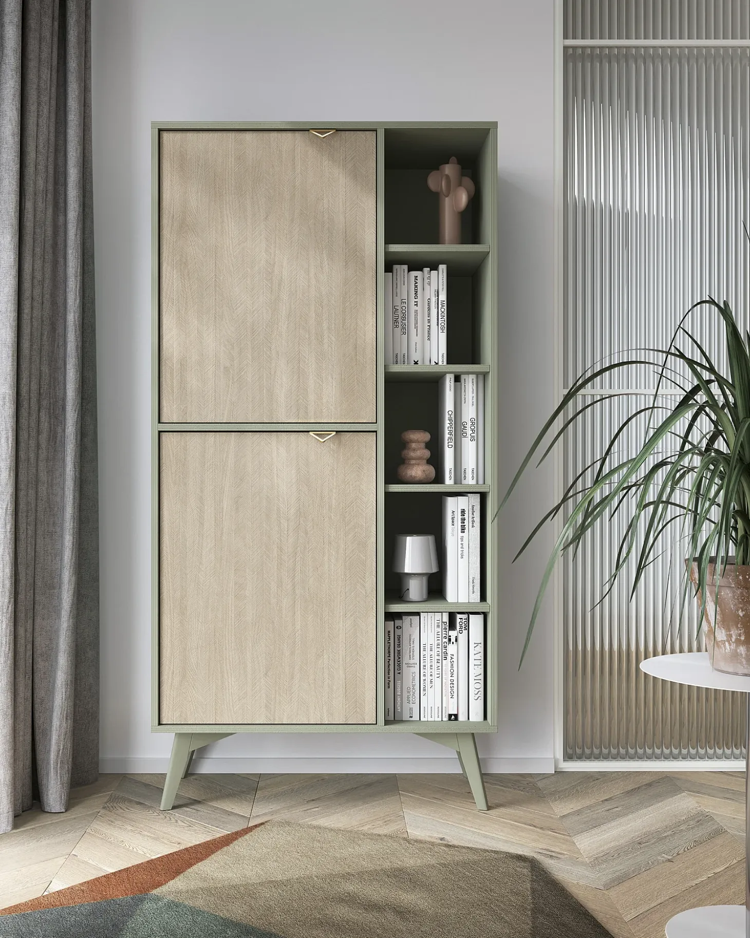Librería: Eucalipto / Espiga Escandinava, patas de madera, 80 x 160 x 38 cm