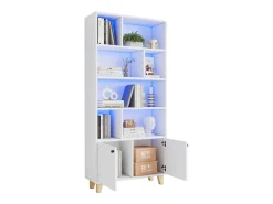 Librería moderna - 80 x 30 x 173 cm - con múltiples espacios de almacenamiento + 2 puertas + LED - Madera maciza + MDF - blanco
