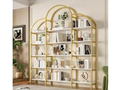 Librería moderna de metal 170×26×190 cm - forma de nube - 5 niveles de almacenamiento - dorado + blanco