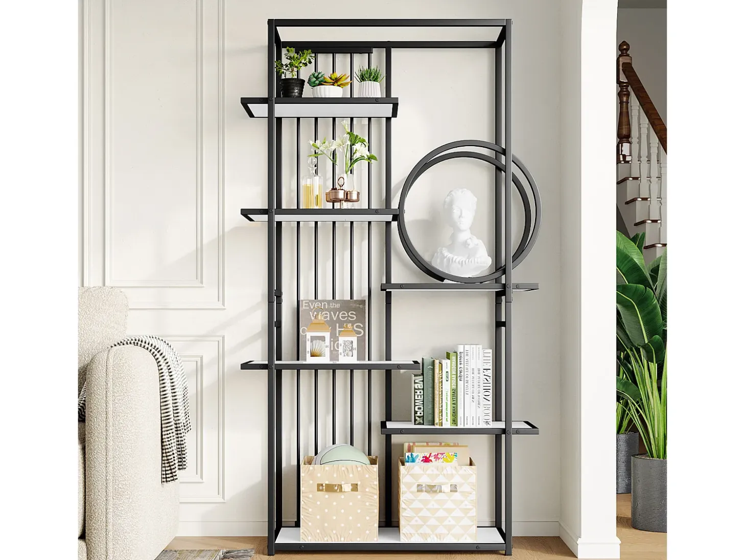 Librería moderna de metal 100×30×180 cm - estructura geométrica - blanco + negro