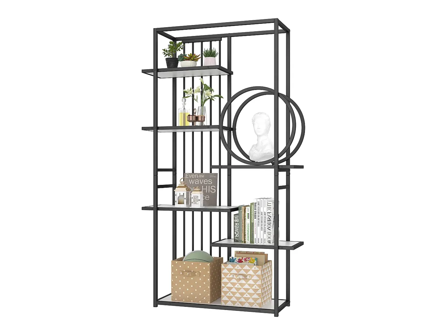 Librería moderna de metal 100×30×180 cm - estructura geométrica - blanco + negro