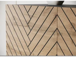 Lowboard moderno de 180 cm grafito negro / roble Wotan, con patas, frentes en espiga negra, 2 cajones y 2 armarios laterales