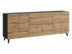 Lowboard moderno de 180 cm grafito negro / roble Wotan, con patas, frentes en espiga negra, 2 cajones y 2 armarios laterales