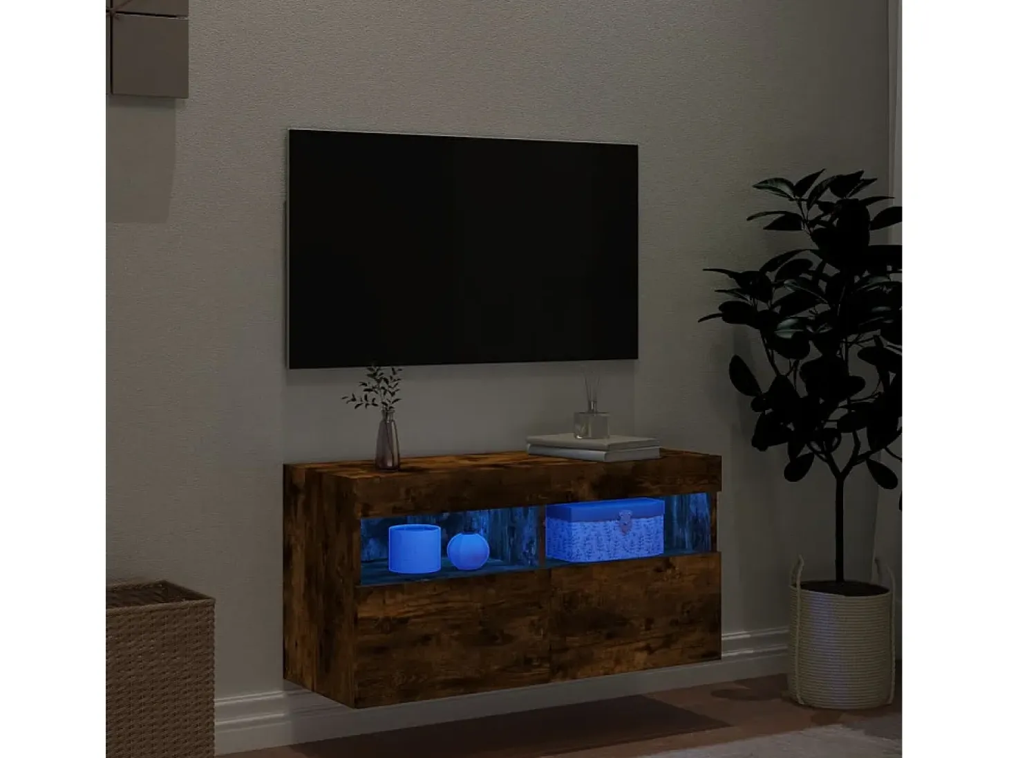 Ølstykke Mueble de TV de pared con luces LED roble ahumado 80x30x40 cm